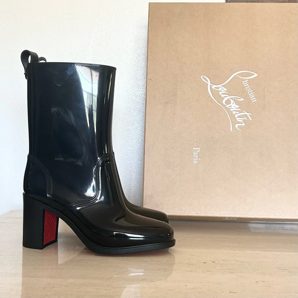New Christian Louboutin Loubirain 70 PVC Rain Boot Black Size 38EU/8US - Picture 1 of 7